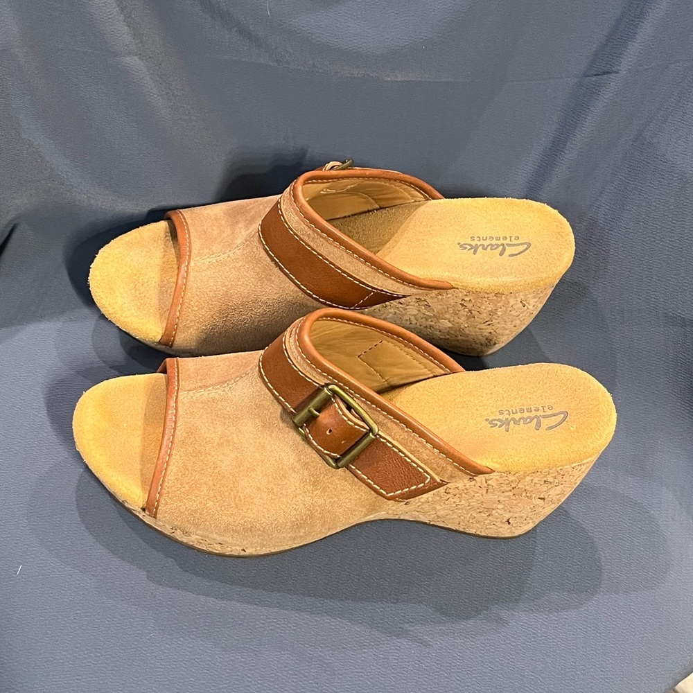 Clarks Elements Harwich Keel Platform Sandals Leather Cork 4” Wedge Brown Suede - Picture 12 of 12